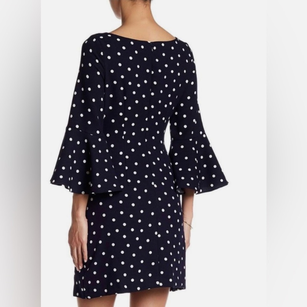 Eliza J size 8 White Dot Dress on Navy Back with Flare Sleeves/zip back